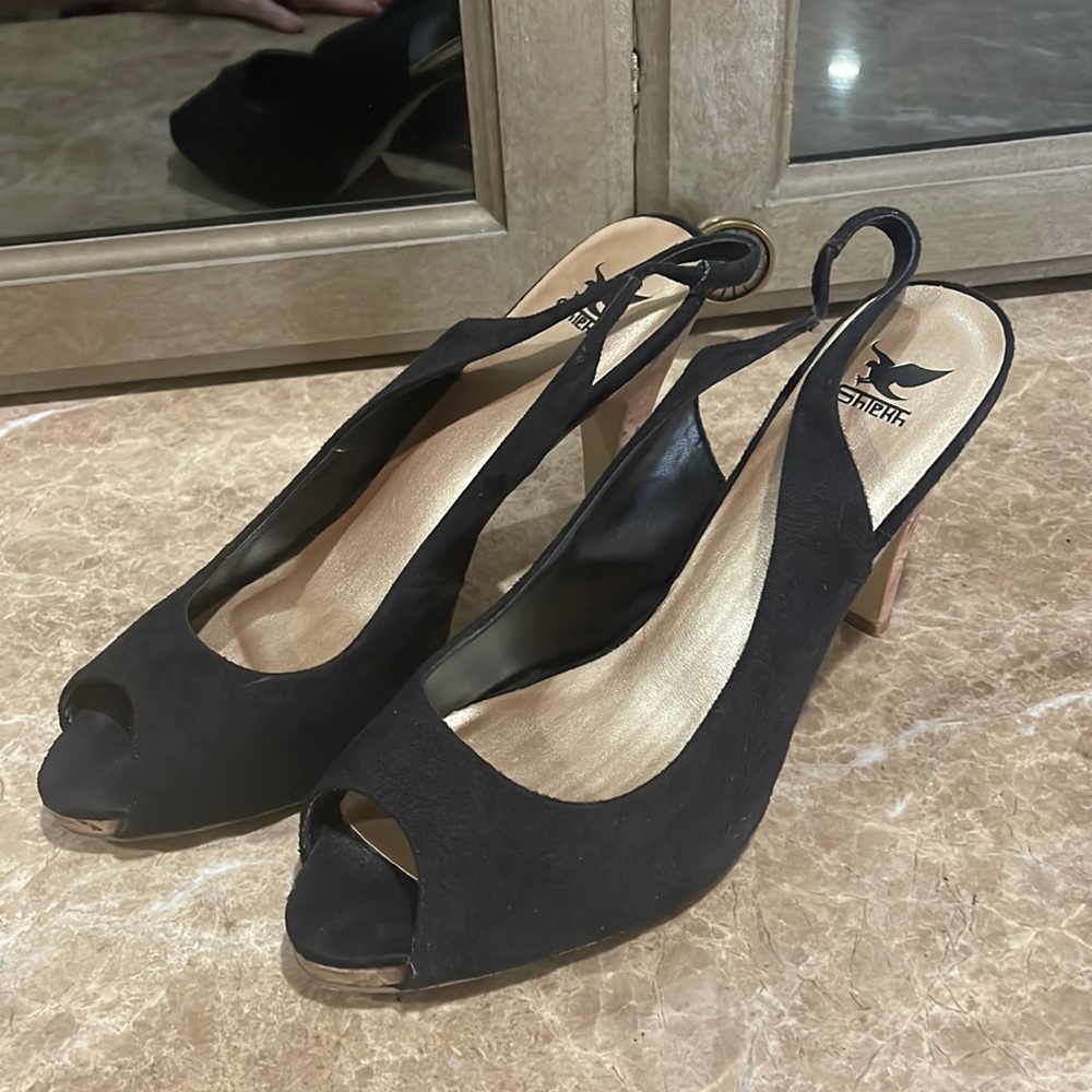 Black open toed sling backs from Shiekh shoes in a size 10